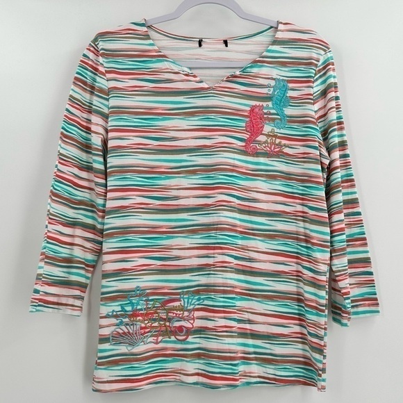 Bua Bua Women’s Multicolored 3/4 Sleeve Cotton Tee Seahorse Motif Size Medium - Picture 1 of 12